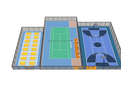 Indoor Basketball Gymnasium Featuring Volleyball Court And Yellow Spectator Seats 3d model