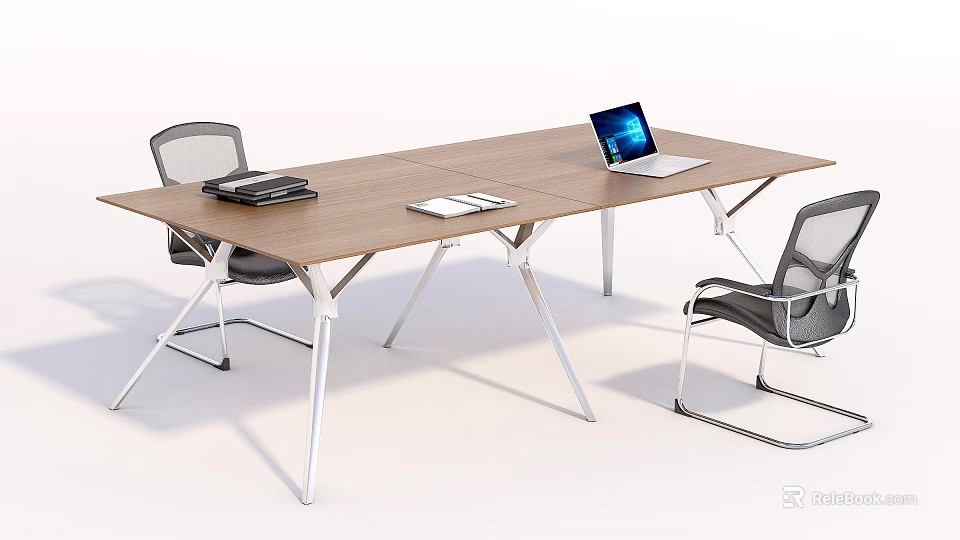 Modern Conference Table With Wooden Top Metal Frame Mesh Chairs Laptop And Documents 3d model 