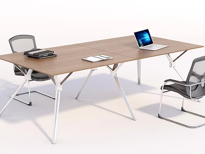 Modern Conference Table With Wooden Top Metal Frame Mesh Chairs Laptop And Documents 3d model