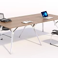 Modern Conference Table With Wooden Top Metal Frame Mesh Chairs Laptop And Documents