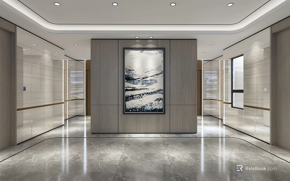 Elegant Modern Elevator Lobby With Marble Floor Decorative Painting And Ceiling Lights 3d model 