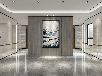Elegant Modern Elevator Lobby With Marble Floor Decorative Painting And Ceiling Lights 3d model