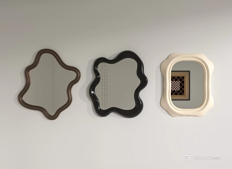 Three Different Shaped Mirrors With Brown Black And Beige Frames On White Wall 3d model 