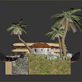 Miniature 3D Scene Model With Palm Trees Small House Boat Excavator And Water