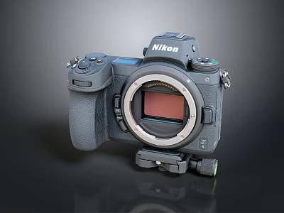 Nikon Digital Camera With Black Body Lens Mount And Tripod Base 3d model