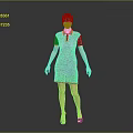 Woman In Red Dress With Blue Collar And Black Sleeves Standing On Gray Background