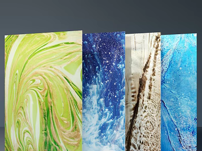 Abstract Oil Paintings with Green Swirl Blue Starry Brown Wood and Blue Wave Textures 3d model