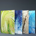 Abstract Oil Paintings with Green Swirl Blue Starry Brown Wood and Blue Wave Textures