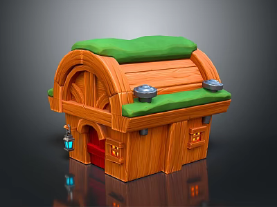 Wooden Cabin Design with Green Roof Red Door Wooden Structure Metal Details 3d model