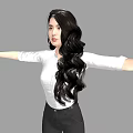 Woman in white shirt black skinny pants with long black hair arms outstretched gray background