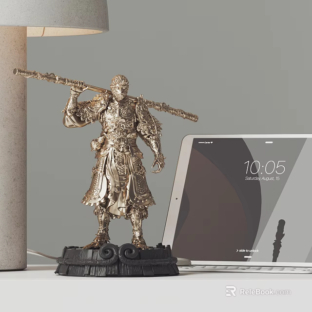 Standing Golden Warrior Sculpture Carving With Detailed Armor Staff Base And Laptop 3d model 
