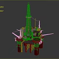 Offshore Oil Drilling Platform With Tall Drilling Tower Red Pillars And Deck Equipment