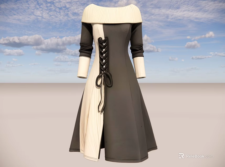 Elegant Gray And Beige Dress With White Collar Long Sleeves And Lace Up Detail 3d model 