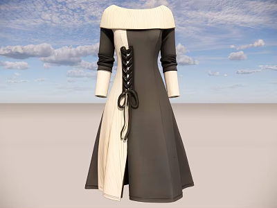 Elegant Gray And Beige Dress With White Collar Long Sleeves And Lace Up Detail 3d model