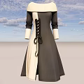 Elegant Gray And Beige Dress With White Collar Long Sleeves And Lace Up Detail
