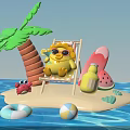 Cartoon Character Relaxing On Deck Chair With Palm Tree Watermelon Crab Beach Ball And Ring