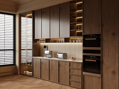 Modern Wooden Wine Cabinet With Glass Doors Built in Lighting And Display Shelves In Kitchen 3d model