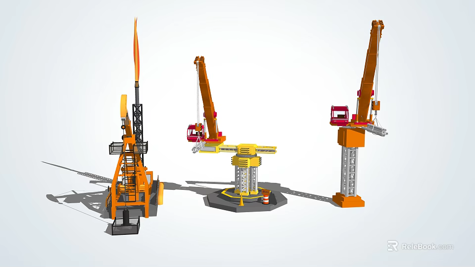 Industrial Equipment Featuring Orange Drilling Rig Yellow Rotating Crane And Red Cabin Tower Crane 3d model 
