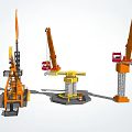 Industrial Equipment Featuring Orange Drilling Rig Yellow Rotating Crane And Red Cabin Tower Crane