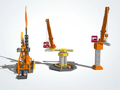 Industrial Equipment Featuring Orange Drilling Rig Yellow Rotating Crane And Red Cabin Tower Crane 3d model