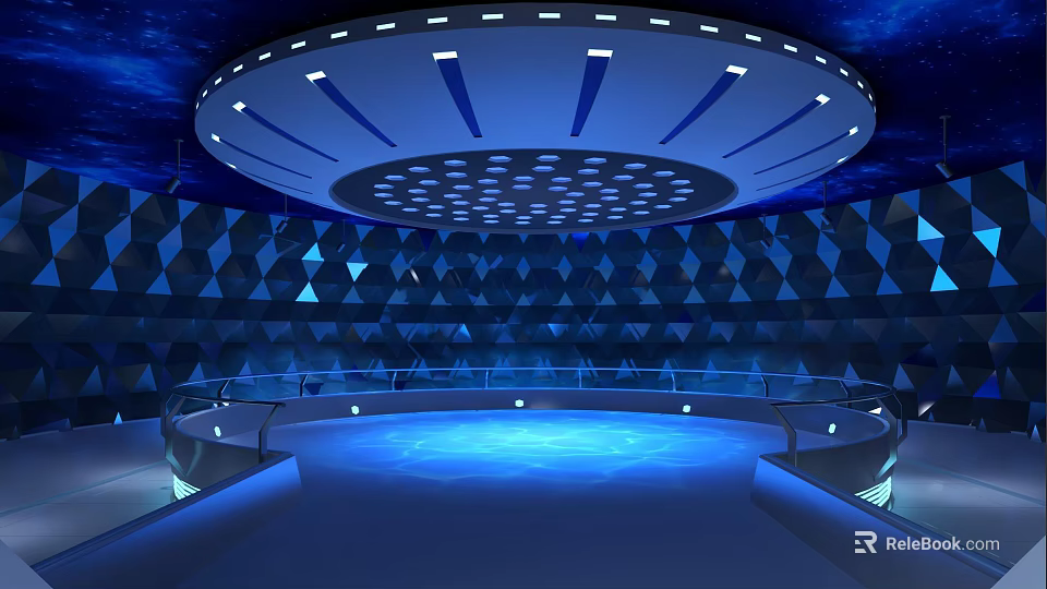 Futuristic Modern Hall Interior With Circular Ceiling Blue Lighting And Geometric Diamond Walls 3d model 