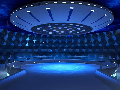 Futuristic Modern Hall Interior With Circular Ceiling Blue Lighting And Geometric Diamond Walls 3d model