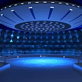 Futuristic Modern Hall Interior With Circular Ceiling Blue Lighting And Geometric Diamond Walls