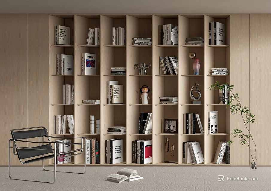 Modern Wooden Open Bookcase With Multiple Shelves Books Decorative Items And Green Plant 3d model 