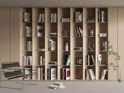 Modern Wooden Open Bookcase With Multiple Shelves Books Decorative Items And Green Plant 3d model