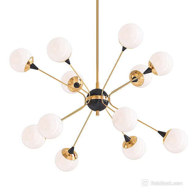 Elegant Modern Chandelier With Gold Metal Arms And White Glass Globe Shades 3d model 