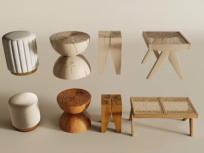 Various Modern Stools With Wooden Woven And Upholstered Designs In Round Square Shapes 3d model