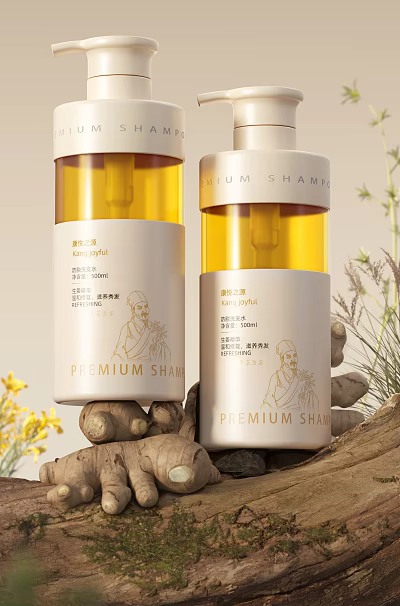 Premium Ginger Shampoo Bottle Design Featuring Natural Ingredients And Fresh Ginger Roots 3d model