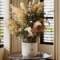 Natural Decorative Ornament Set with Dried Grass Greenery and White Flowers on Marble Tabletop