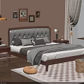 Cozy Bedroom Double Bed With Upholstered Headboard Wooden Frame Nightstands Table Lamps And Decorative Paintings