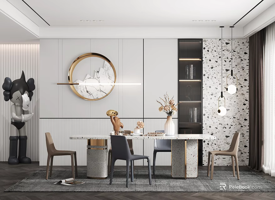 Modern Dining Table Set With Gray Beige Chairs Circular Artwork And Pendant Lights 3d model