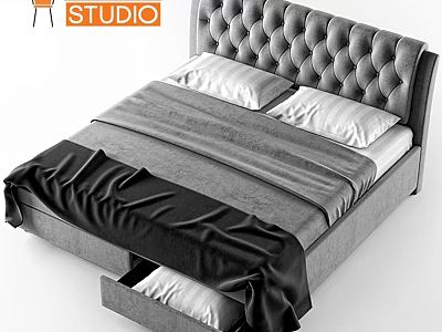 Modern Bed With Tufted Headboard Gray Black Linens And Drawer Storage 3d model