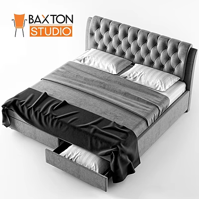 Modern Bed With Tufted Headboard Gray Black Linens And Drawer Storage 3d model