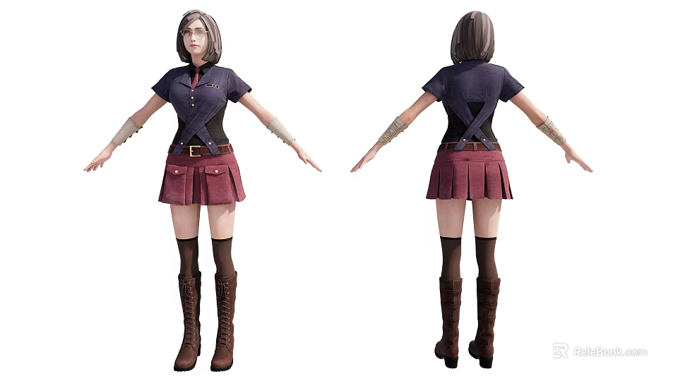 3D Woman Character With Purple Top Pleated Skirt Brown Boots And Front Back View 3d model 