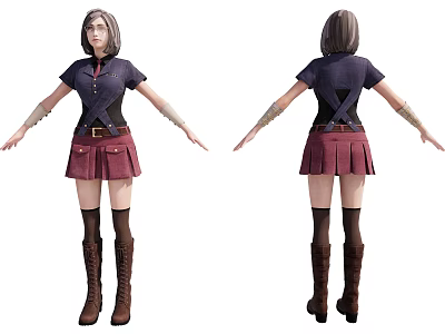 3D Woman Character With Purple Top Pleated Skirt Brown Boots And Front Back View 3d model