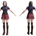 3D Woman Character With Purple Top Pleated Skirt Brown Boots And Front Back View
