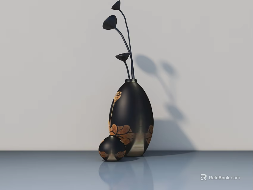 Modern Black Vase With Golden Leaf Patterns And Floral Stems On Smooth Tabletop 3d model 