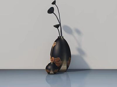 Modern Black Vase With Golden Leaf Patterns And Floral Stems On Smooth Tabletop 3d model