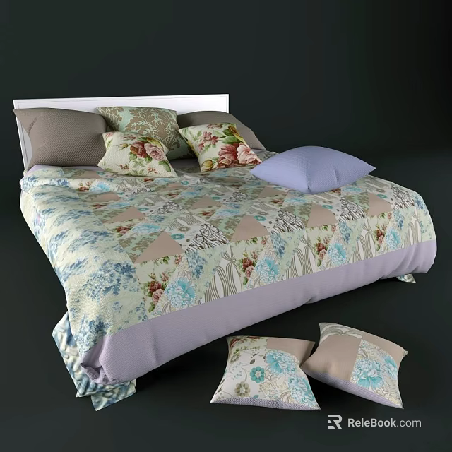 Double Bed With Floral Patterned Bedding Soft Colored Pillows And Headboard Design 3d model 