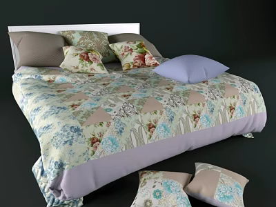 Double Bed With Floral Patterned Bedding Soft Colored Pillows And Headboard Design 3d model