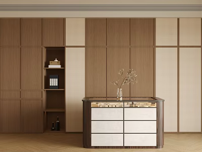 Modern Luxury Walk-in Closet Interior Design With Wooden Wardrobes Drawer Cabinet And Decorative Vase 3d model