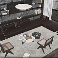 Modern Brown Leather L Shaped Sofa And Marble Coffee Table Set With Bookshelves And Windows