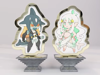 Pair of Decorative Cartoon Character Figurines With Golden Border And Gray Base 3d model