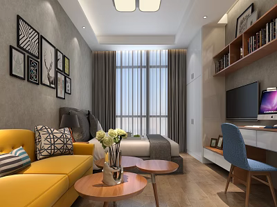 Modern Elegant Apartment Interior With Open Living Bedroom Yellow Sofa Grey Curtains Bookshelf And TV 3d model