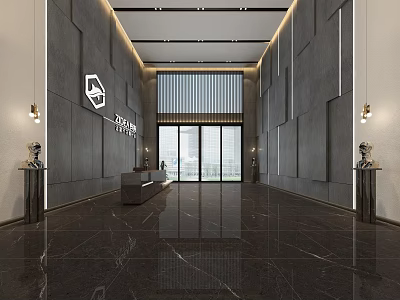 Modern Lobby Front Desk with Marble Floor Gray Walls and Glass Doors 3d model