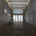 Modern Lobby Front Desk with Marble Floor Gray Walls and Glass Doors